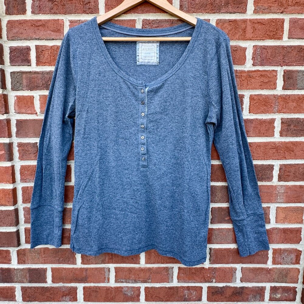 Old Navy Ribbed Henley Womens XL Gray Y2K Long Sleeve